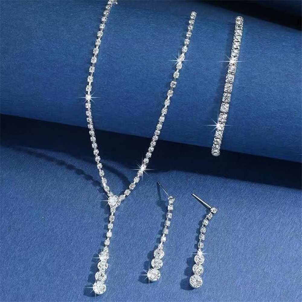 Rhinestone Necklace, Earrings, Tennis Bracelet Jewelry Set - Silver Tone - NEW